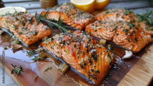 A mouth-watering image of cedar plank grilled salmon garnished with herbs, garlic, and spices.

 photo