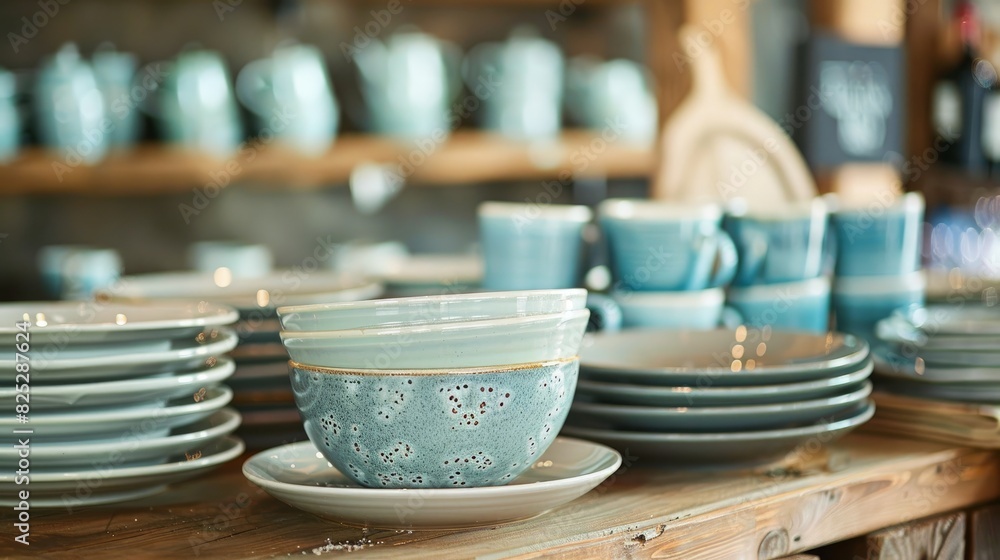 A set of clean dishes neatly arranged on a table.
A set of clean dishes neatly arranged on a table.