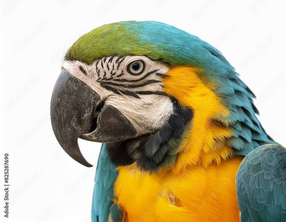 Close up of a blue and yellow macaw parrot sitting on a branch on a isolated white background Close up of a blue and yellow macaw parrot sitting on a branch on a isolated white background