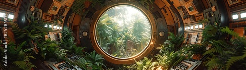 A derelict spaceship with overgrown plants inside, its control panel still glowing faintly, fantasy, warm colors, illustration