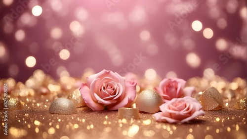 Gold and pink abstract bokeh lights, pink rose bokeh, pink golden glitter, and a circular abstract light background. blurry backdrop, dazzling, sparkling Women's Day and Valentine's Day