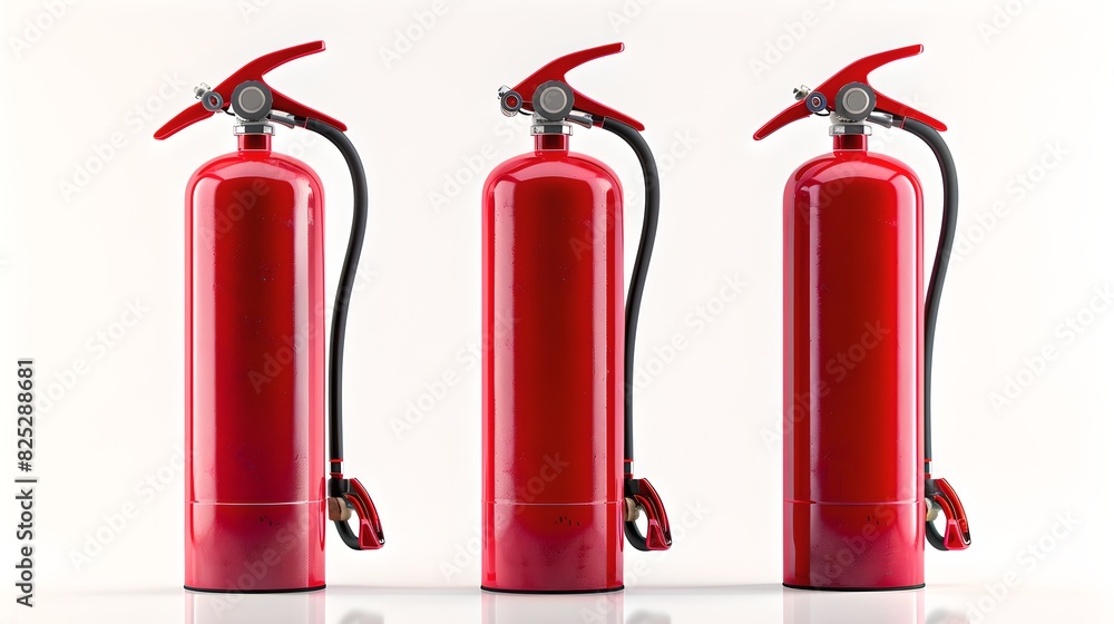 Three bright red fire extinguishers on a white background. Simple design. Essential for safety. Always be prepared with these safety devices. AI Three bright red fire extinguishers on a white background. Simple design. Essential for safety. Always be prepared with these safety devices. AI