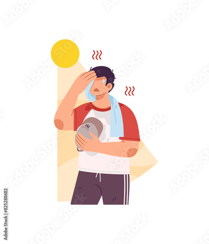 Guy sweating a lot on summer because of hot temperature. People holding a cap and wiping sweat with napkin suffering from heat wave and sunstroke. Flat illustration