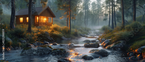 A cozy cabin nestled beside a babbling brook photo