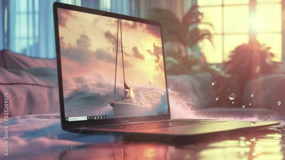 Laptop on the table: broadcast of a yacht sailing on the sea, waves against the sky, waves splashing outside the screen, professional cinematic style, 3D rendering. Laptop on the table: broadcast of a yacht sailing on the sea, waves against the sky, waves splashing outside the screen, professional cinematic style, 3D rendering.