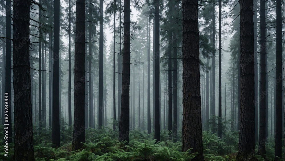 A dense forest of towering pine trees A dense forest of towering pine trees