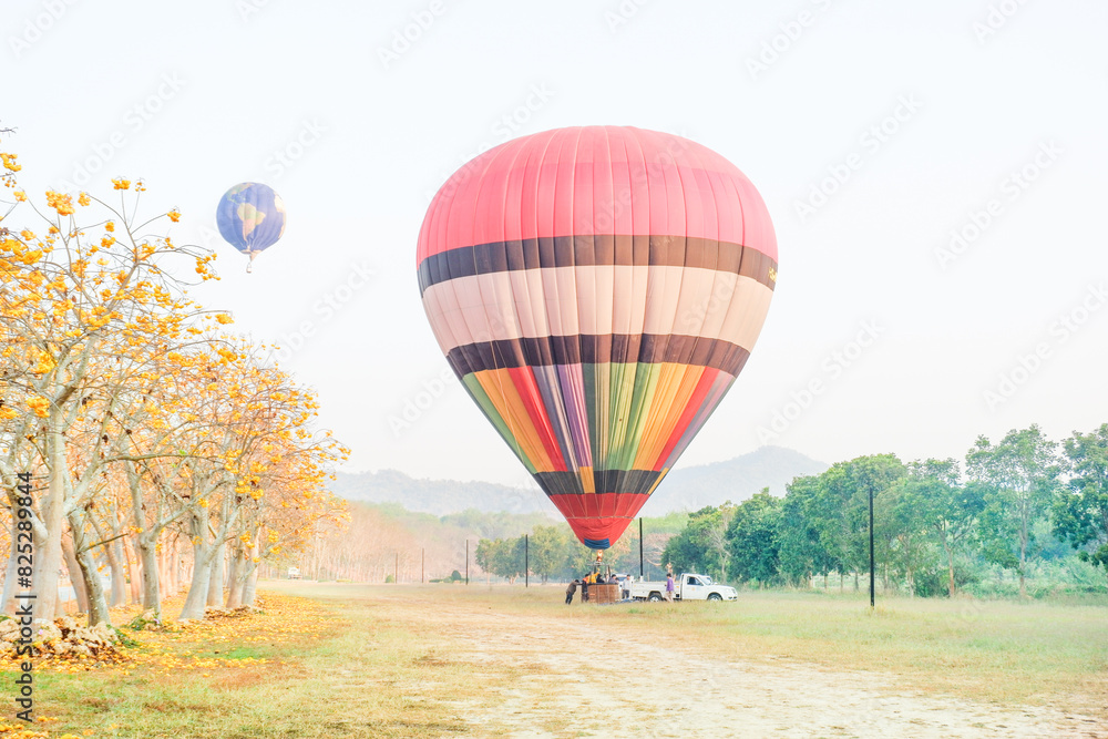 Obraz premium Hot air balloon over yellow flower fields against blue sky,Colorful Hot air balloons flying over the valley with blue sky,Travel and Tourism concept.