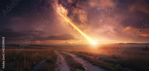 Meteorites fiery path towards Earth with a comet trail close up, celestial event theme, vibrant, overlay, wideopen field as backdrop photo