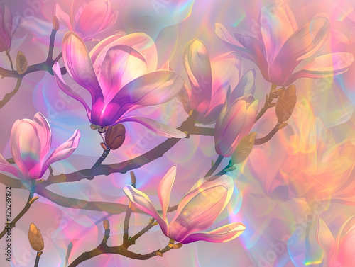 Pink Chinese or saucer magnolia flowers  Magnolia x soulangeana  beautiful and mysterious magnolia  patterns in iridescent colors  vibrant  elegant  mystical background  light mist  detailed