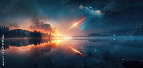 Meteorites fiery path towards Earth reflected in a calm lake selective focus, reflection theme, ethereal, blend mode, serene lake as backdrop photo