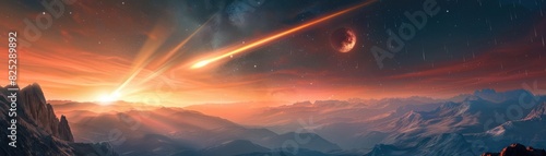 Meteorites fiery path towards Earth above a mountain range copy space, natural wonder theme, surreal, silhouette, rugged mountains as backdrop photo