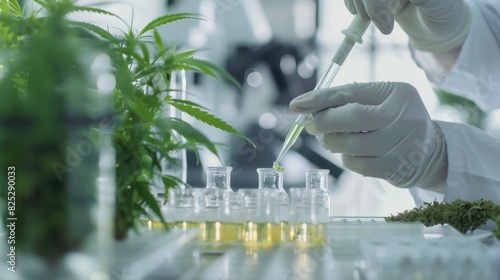 Technician conducting chromatography on hemp extracts to isolate cannabinoids in a lab focus on, analysis theme, realistic, blend mode, chromatograph as backdrop photo