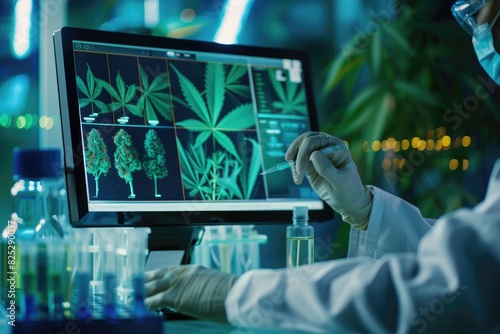 Technician preparing a report on the effects of cannabinoids from hemp extracts in a lab close up, documentation theme, surreal, overlay, computer screen as backdrop