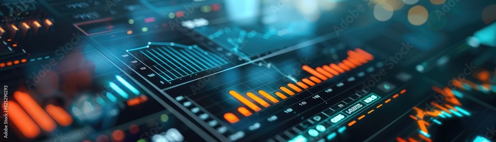 Close up of a financial dashboard on a tablet showing stock performance focus on, investment theme, realistic, double exposure, office desk as backdrop