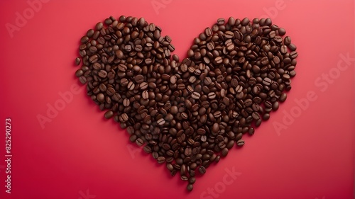 Coffee bean-shaped heart on a crimson background. Lay flat. Symbol of affection for coffee Heart-shaped arrangement of roasted coffee beans