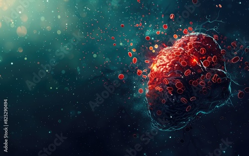 Human liver cells attacked by the hepatitis virus copy space, liver health theme, surreal, blend mode, anatomical liver diagram as backdrop photo