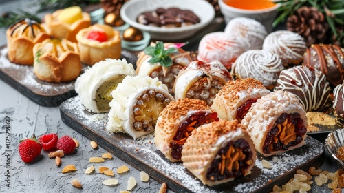 Variety of Mediterranean sweets with assorted fillings.