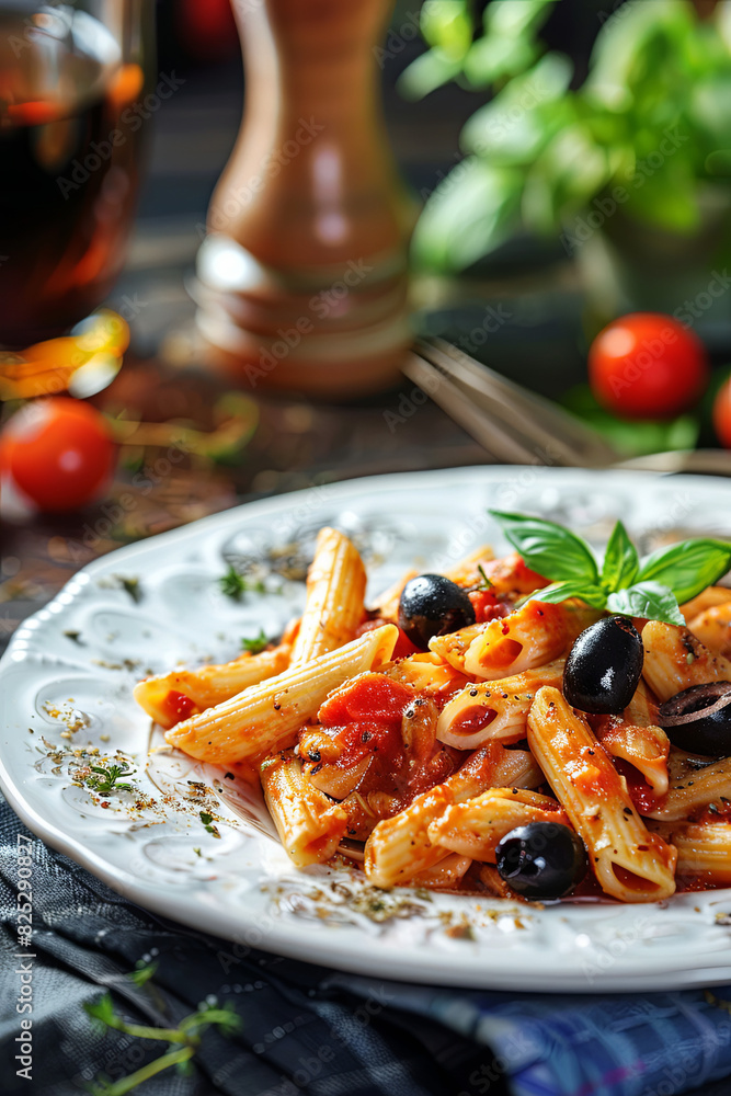 Italian Penne Pasta with Tomato Sauce, Olives, and Garnish Italian Penne Pasta with Tomato Sauce, Olives, and Garnish