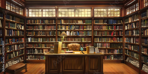 Librarian's Reading Room: A cozy desk surrounded by bookshelves in a quiet library, featuring a card catalog and a magnifying glass, signifying a knowledgeable library professional assisting patrons.