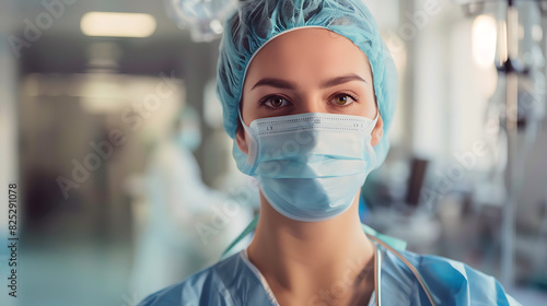 Portrait of Female Nurse or Surgeon in Scrubs, Mask, and Hair Net in Hospital