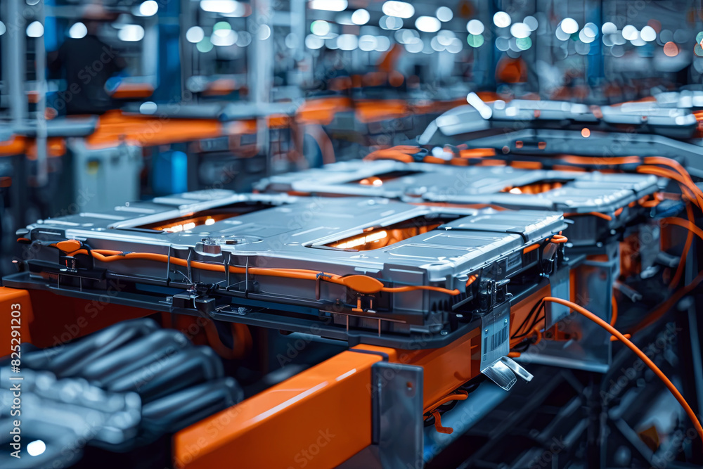 EV Battery Pack on Production Line in Modern Automotive Factory EV Battery Pack on Production Line in Modern Automotive Factory