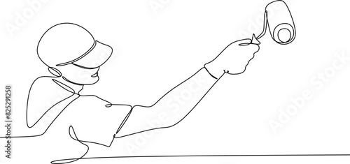 Continuous one line drawing of roller brush painting worker painting on surface wall painting apartment renovating. One line minimal concept.