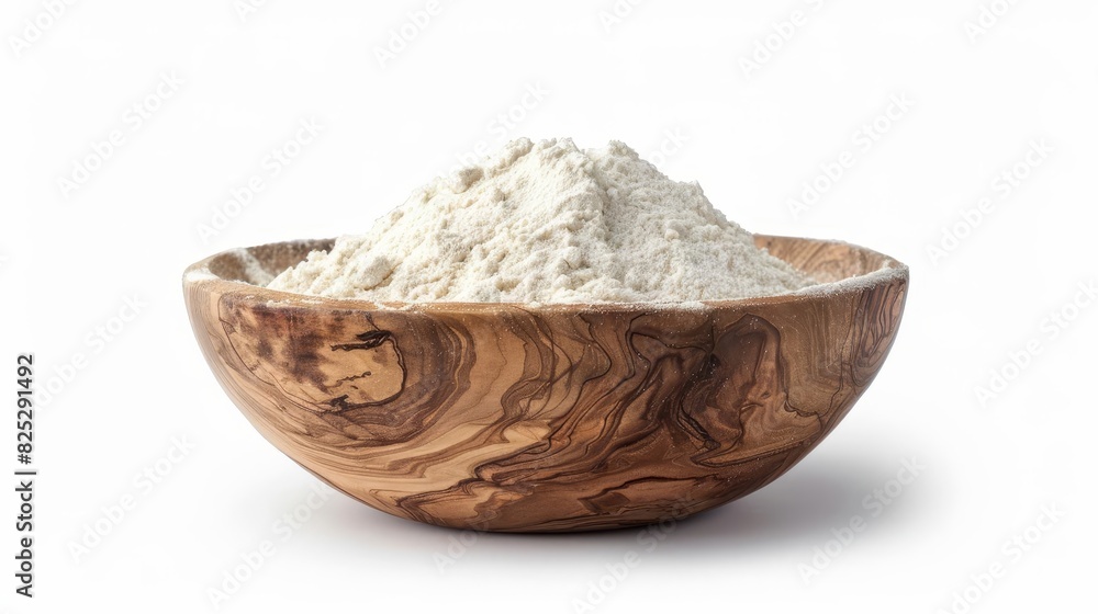 fluffy white wheat flour mound in rustic wooden bowl isolated on pristine white background still life food photography fluffy white wheat flour mound in rustic wooden bowl isolated on pristine white background still life food photography