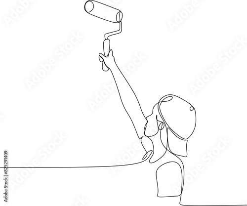 Continuous one line drawing of roller brush painting worker painting on surface wall painting apartment renovating. One line minimal concept.