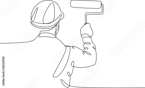 Continuous one line drawing of roller brush painting worker painting on surface wall painting apartment renovating. One line minimal concept.