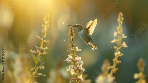 Hummingbird drinking nectar from a flower in a summer meadow