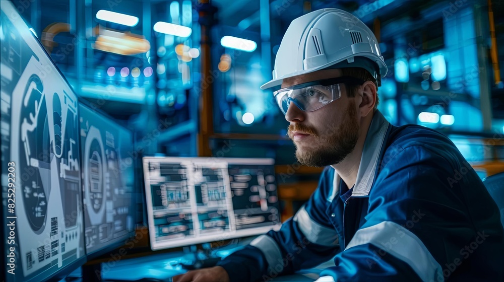 focused industrial engineer analyzing production data hightech electronics factory interior candid photography focused industrial engineer analyzing production data hightech electronics factory interior candid photography