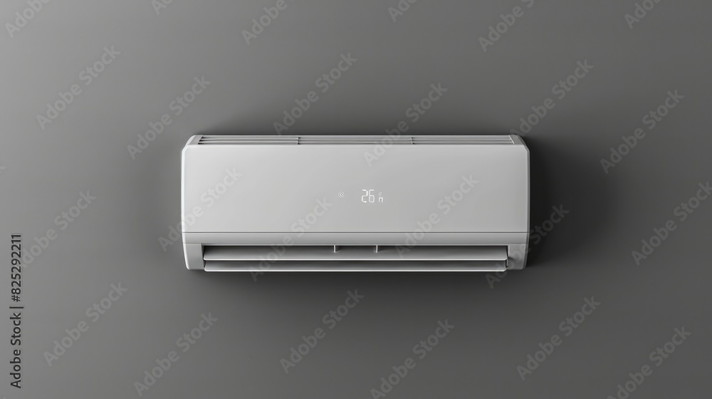White wall-mounted air conditioner on a grey wall.
White wall-mounted air conditioner on a grey wall.