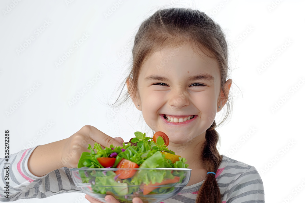 Happy girl eating salad from bowl, winking isolated on white Happy girl eating salad from bowl, winking isolated on white