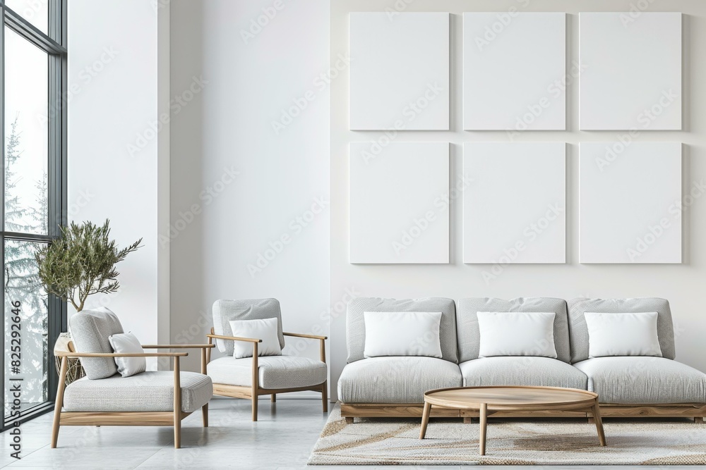 6 Empty Canvases in Modern Minimalist Living Room Interior with Natural Light 6 Empty Canvases in Modern Minimalist Living Room Interior with Natural Light