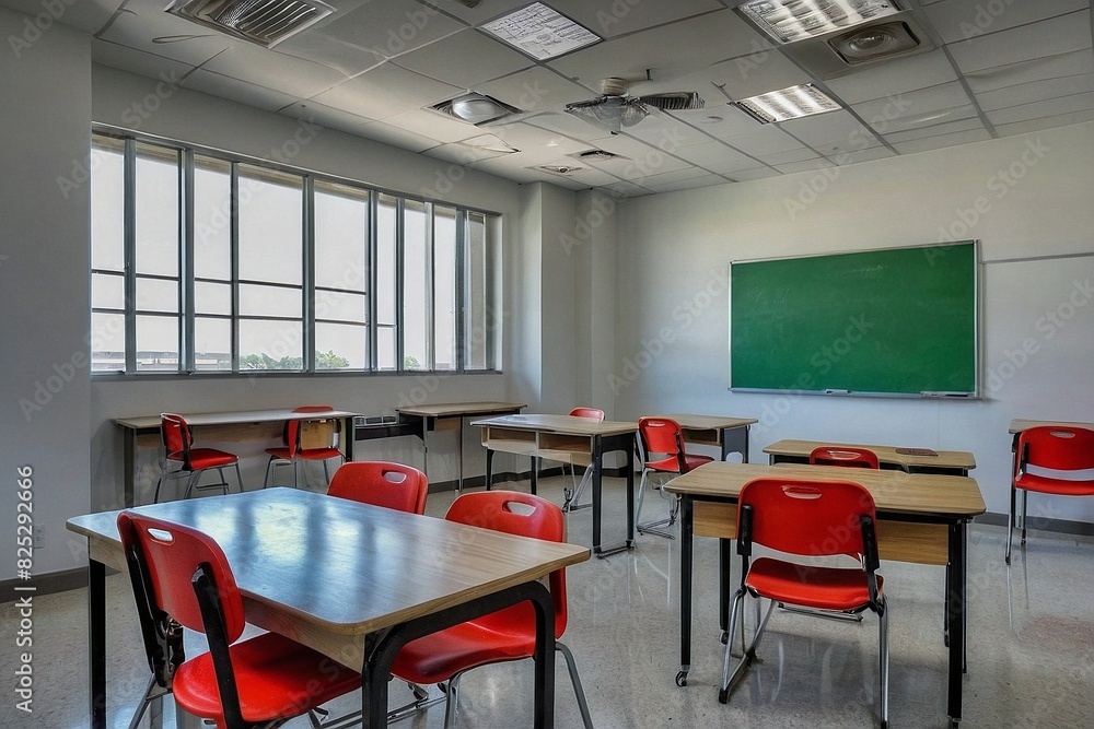 Educational classroom setup with a solid white background Educational classroom setup with a solid white background
