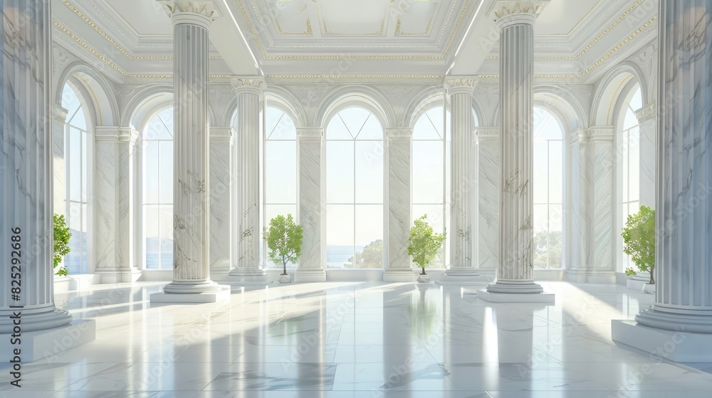 3D rendering of marble pillars and arches in a white interior with panoramic windows. Greek style hall for a luxury mansion or wedding,