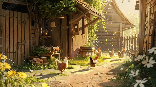 freerange chickens happily roaming in sunlit barnyard aigenerated realistic illustration