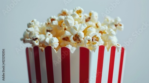 Popcorn in a red and white striped container on a white backdrop