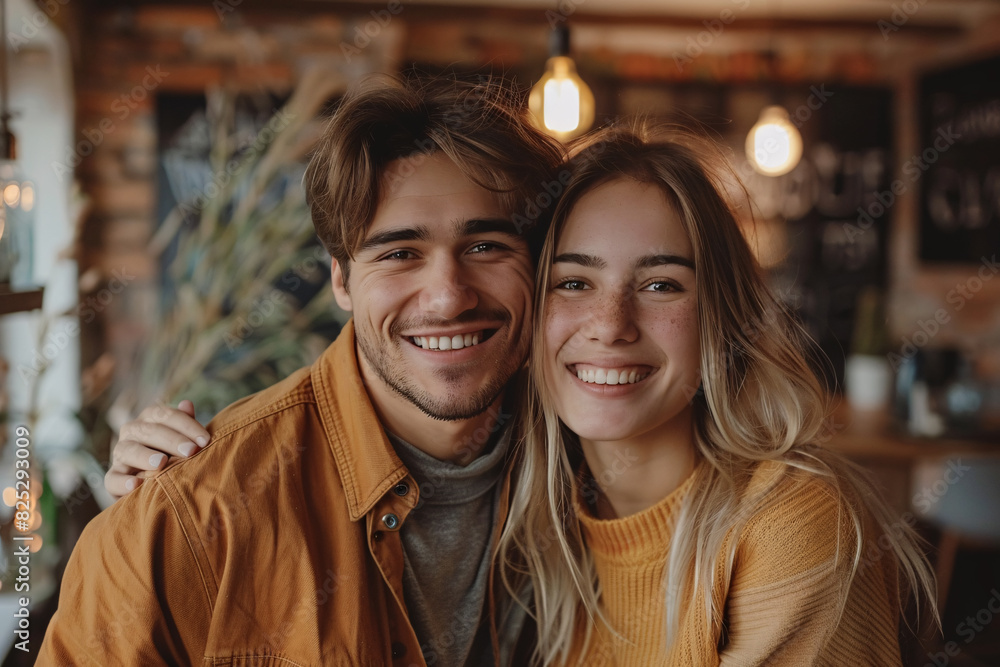 A young Gen Z couple smiling at the camera at a stylish cafe A young Gen Z couple smiling at the camera at a stylish cafe