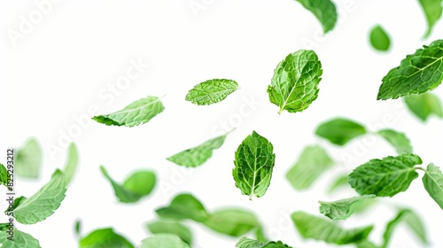 fresh mint leaves falling on white background spearmint herb food ingredient photo photo