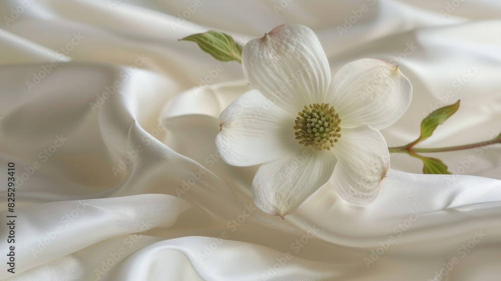 White dogwood flower on white satin fabric.

