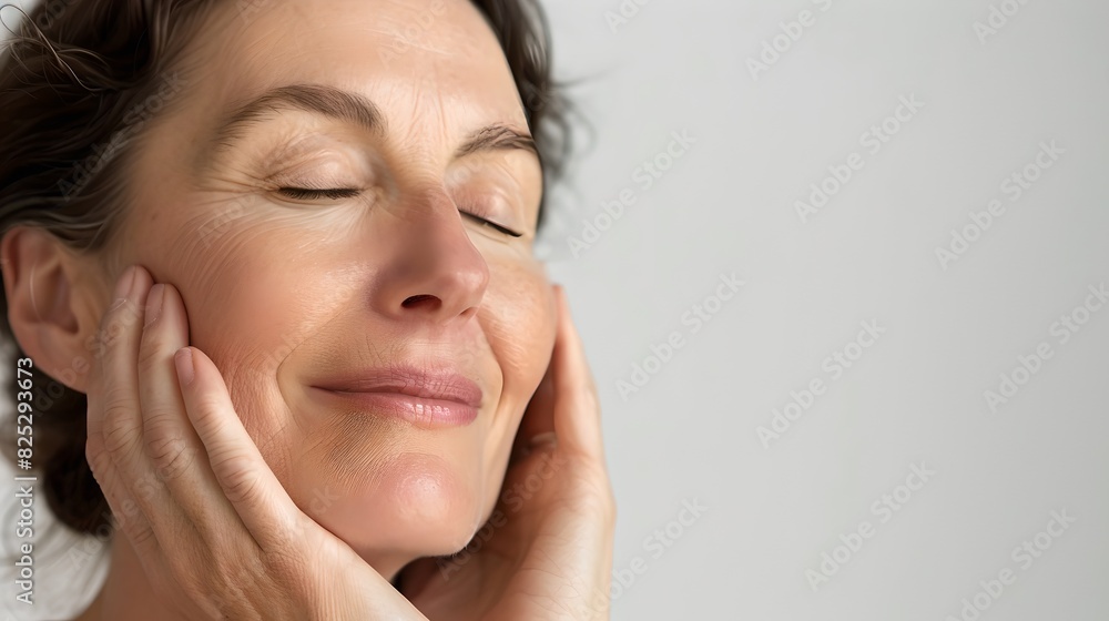 Middle-aged woman enjoying a moment of peace. Skincare and wellness. Relaxation concept. AI Middle-aged woman enjoying a moment of peace. Skincare and wellness. Relaxation concept. AI