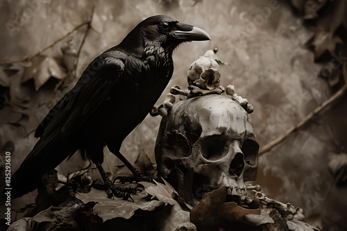  still life featuring a raven perched beside a human skull adorned with a bones