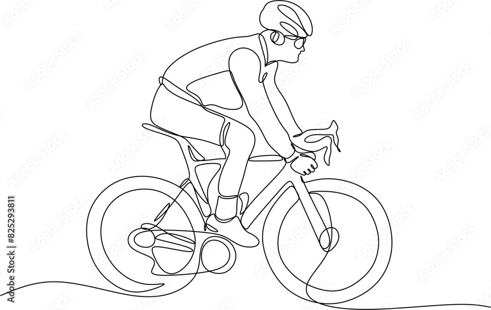 Naklejka premium The cyclist rides a bike. Guy in a protective helmet. World Bicycle Day. One line drawing for different uses. Vector illustration.