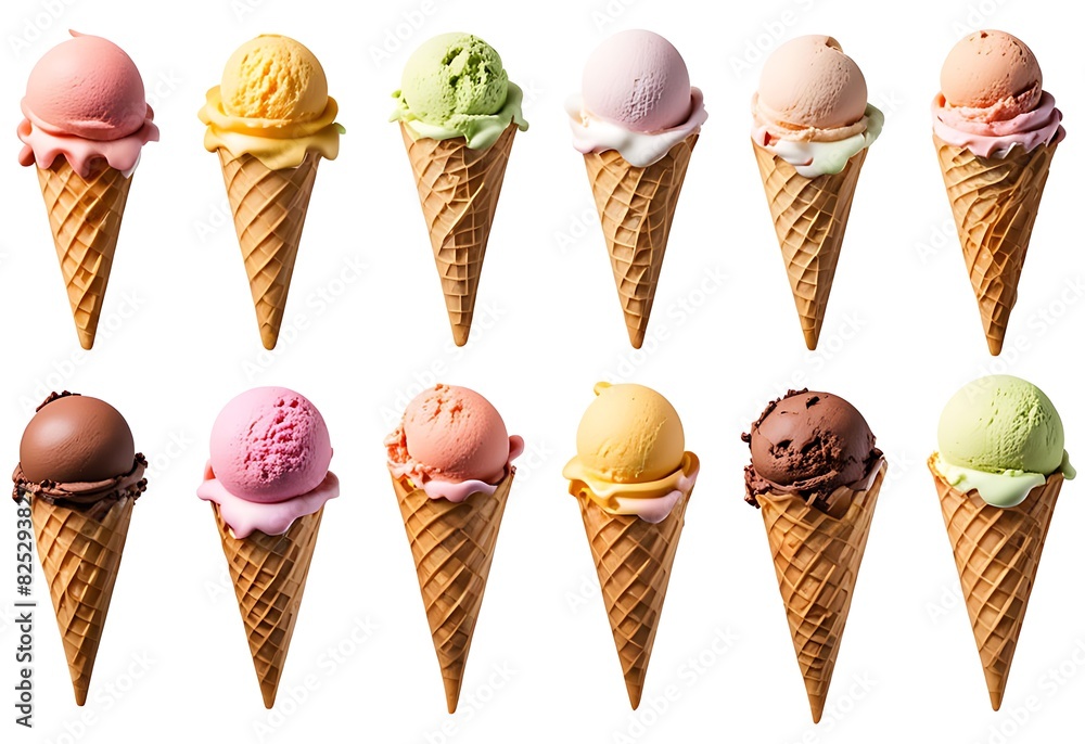 Ice cream scoop on waffle cone cutout, Many assorted different flavors on white background, mockup template for artwork and design projects Ice cream scoop on waffle cone cutout, Many assorted different flavors on white background, mockup template for artwork and design projects