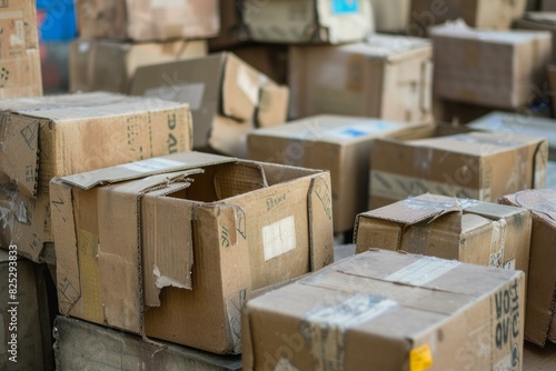 Stack of various sized cardboard boxes in a storage area, showcasing shipping logistics