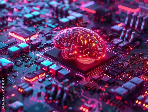 Futuristic brain on a motherboard, bright neon lights, 3D render, intricate circuitry, advanced technology