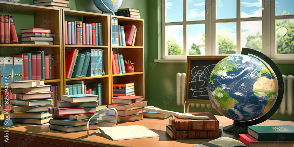 The Teacher's Desk: A tidy workspace with stacks of books, a globe, and a chalkboard eraser, symbolizing a dedicated educator in a classroom setting. The Teacher's Desk: A tidy workspace with stacks of books, a globe, and a chalkboard eraser, symbolizing a dedicated educator in a classroom setting.