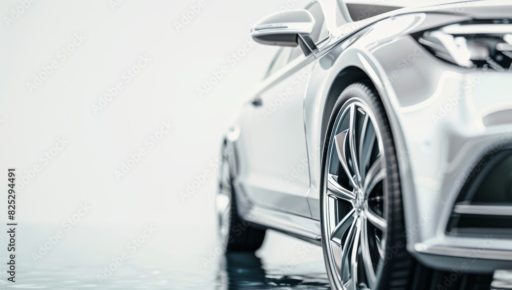 A silver car on white background, close up shot with copy space concept Generative AI