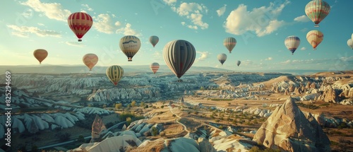 Hot air balloons flying over the Cappadocia region of Turkey.